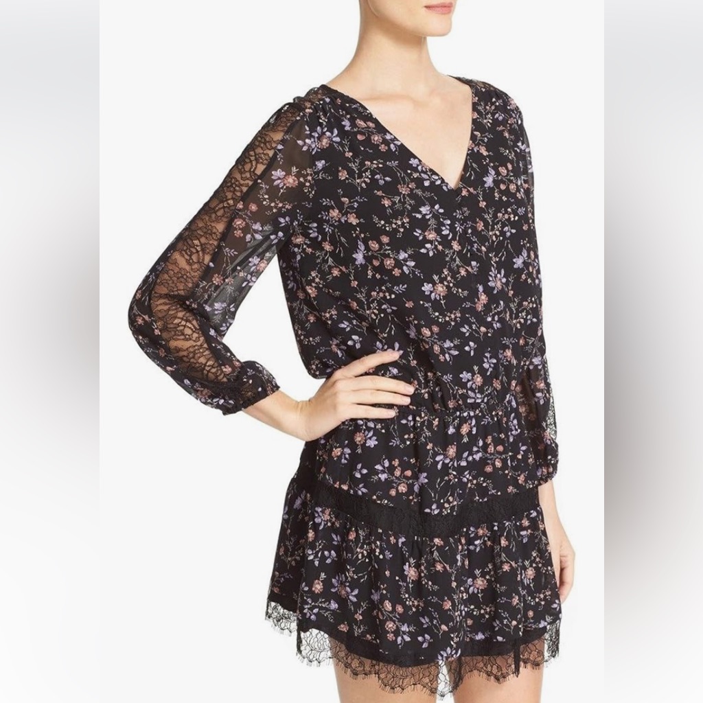 Joie Auggie Ikat Silk Floral Black Blouson Mini Dress Size Medium